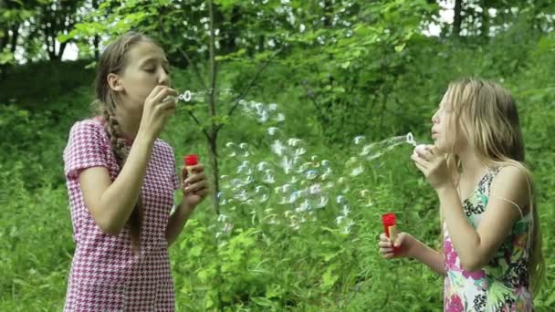 젊은 여자 야외 비누 거품을 불고 — 비디오