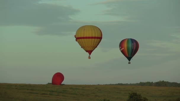 Воздушные шары, летящие над полем в сельской местности — стоковое видео