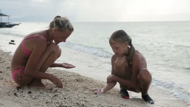 Família feliz brincando na praia na hora do dia — Vídeo de Stock