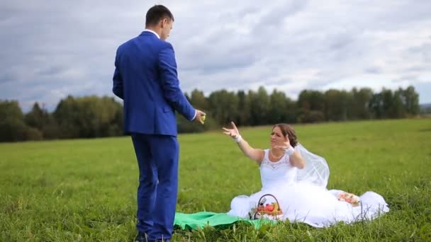 Menyasszony és a vőlegény a zöld réten nyári nap — Stock videók