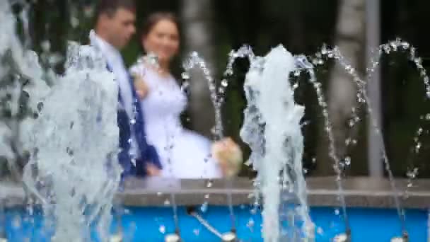 Novia feliz y novio caminando cerca de la fuente en el parque — Vídeo de stock