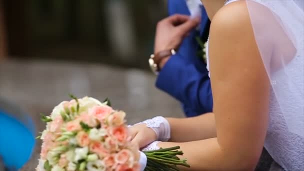 Sposa felice e sposo in piedi vicino alla fontana nel parco — Video Stock