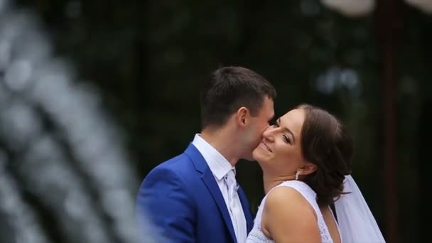 Lyckliga bruden och brudgummen står nära fontänen i parken — Stockvideo