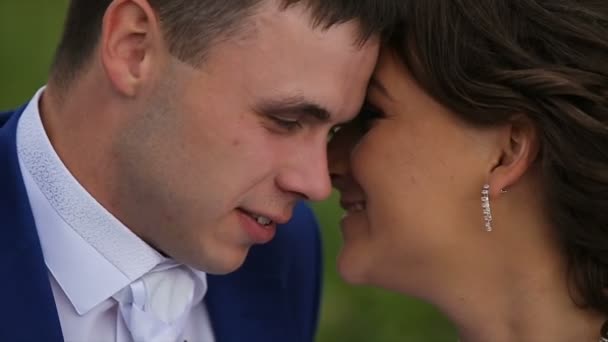 Nevěsta a ženich na zelené louce v letní den — Stock video