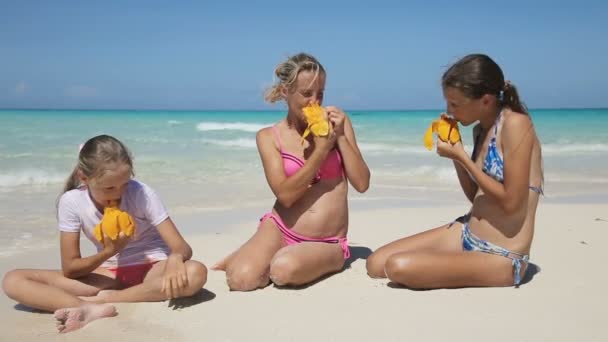 マンゴーの果実を食べてビーチで家族 — ストック動画