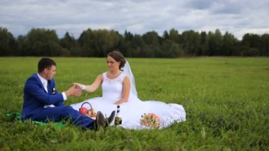 Gelin ve damat yaz günü yeşil bir çayırda üzerinde