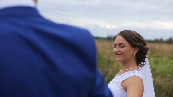 Happy beautiful bride and groom walking on field — Stock Video