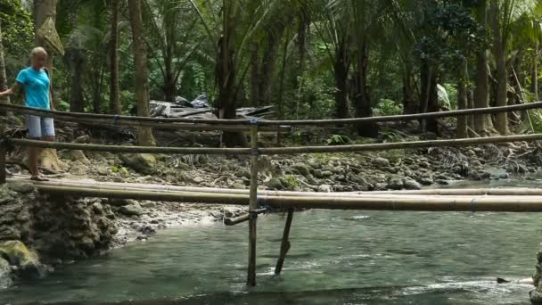 Familie spaziert auf Brücke im Bergwald — Stockvideo