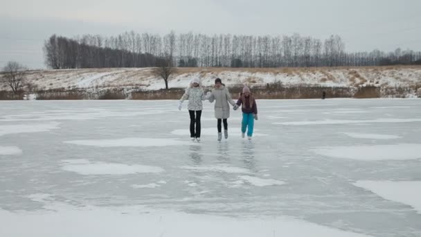 Сімейне катання на ковзанах на замерзлому озері — стокове відео