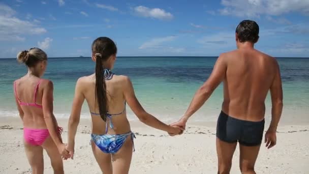 Família feliz caminhando no mar para nadar — Vídeo de Stock