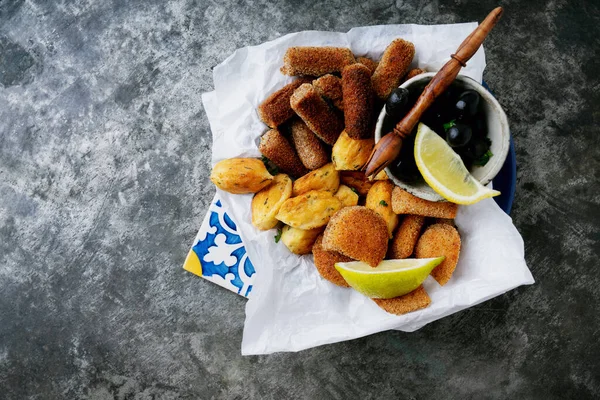 Traditional Portuguese Snacks Shrimp Rissoles Beef Croquettes Cod Fish Pasties — Stock Photo, Image
