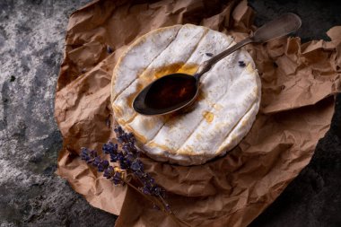 Fransız peynirli Camembert kaşık bal ve kurutulmuş lavanta kökleri koyu kırsal arka planda. Yüksek açı. Seçici odak