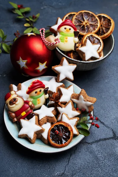 Variety Different Christmas Cookies Festive Decorations High Angle — Stock Photo, Image