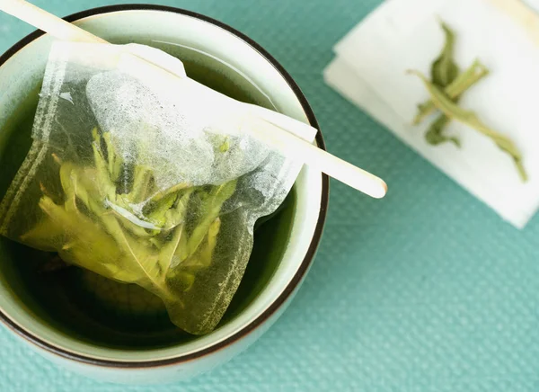 Lemon Verbena Tea Mug Hand Made Teabag Tidewater Green Background — Stock Photo, Image