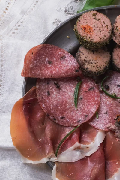 En uppsättning av olika franska och italienska kött på vintage metall p — Stockfoto