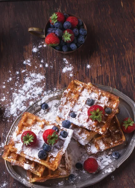 Home Made Belgian Waffles Served Tiny Metal Tray Berries Strawberry — Stock Photo, Image