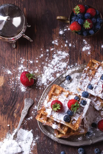 Belgian Waffles with berries and sugar — Stock Photo, Image