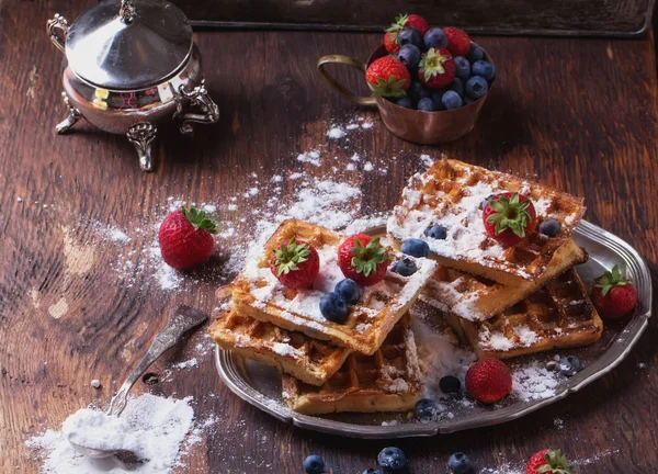 Belgian Waffles with berries and sugar — Stock Photo, Image