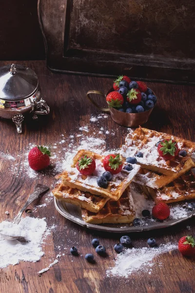 Belgian Waffles with berries and sugar — Stock Photo, Image