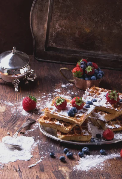 Belgian Waffles with berries and sugar — Stock Photo, Image