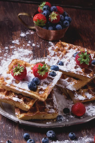 Belgian Waffles with berries and sugar — Stock Photo, Image