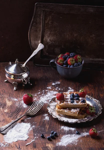 Belgian Waffles with berries and sugar — Stock Photo, Image