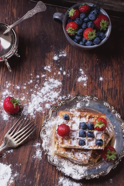 Belgian Waffles with berries and sugar — Stock Photo, Image