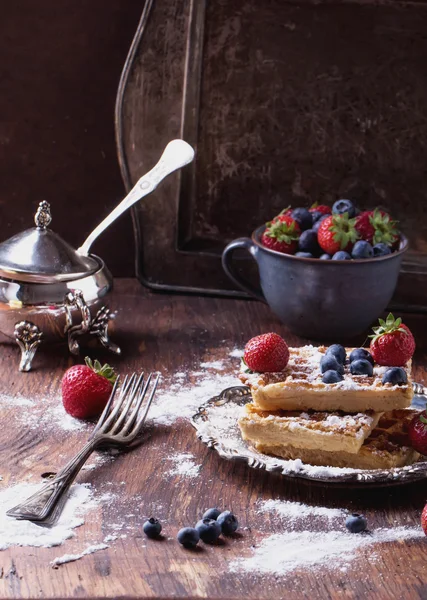 Belgian Waffles with berries and sugar — Stock Photo, Image