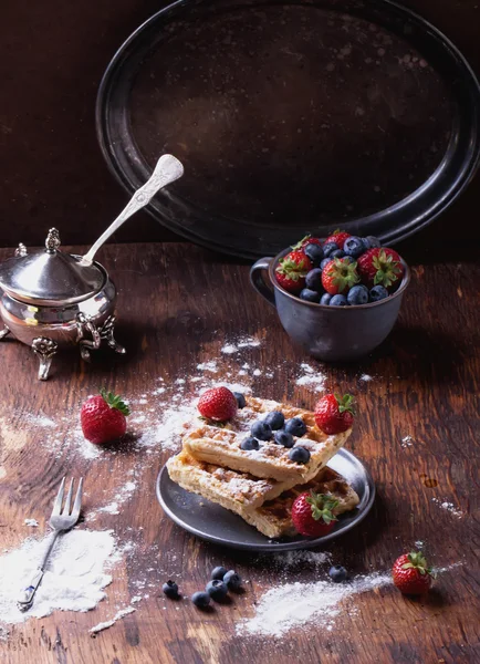 Belgian Waffles with berries and sugar — Stock Photo, Image