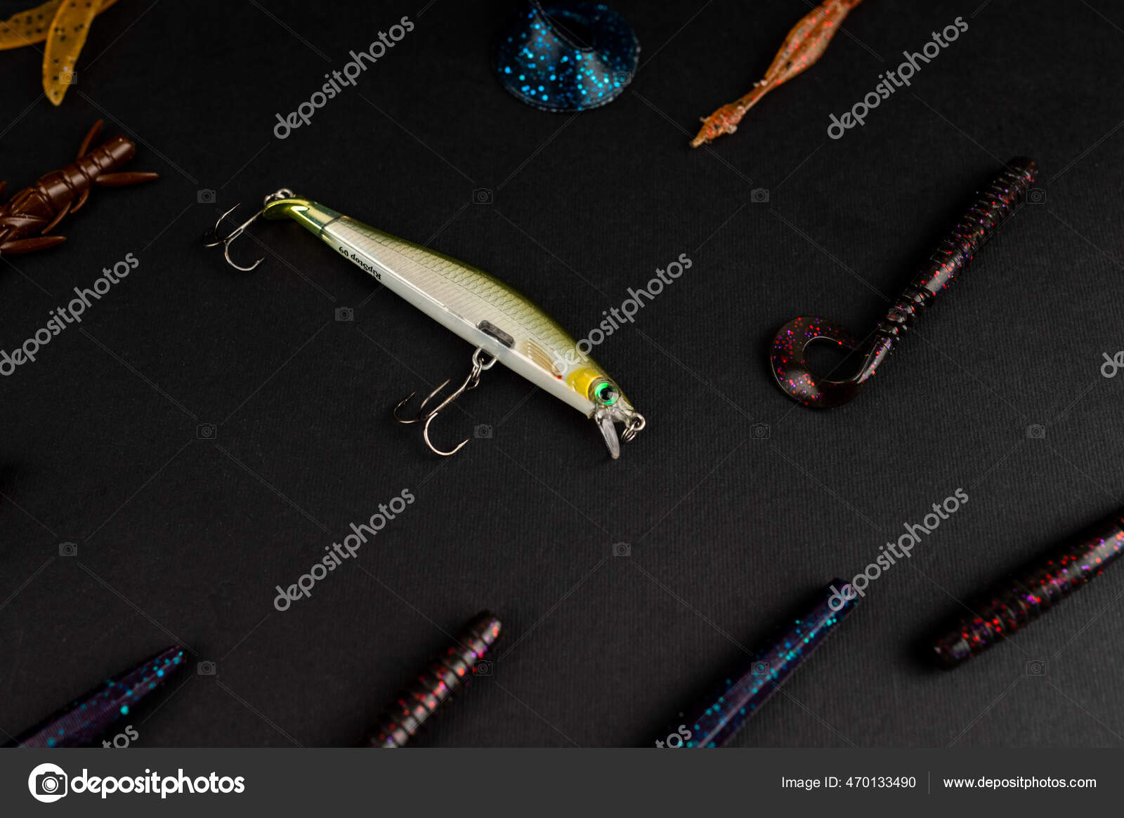 Bass Fishing Concept Lure Baits Flat Lay Style Fishing Tackle