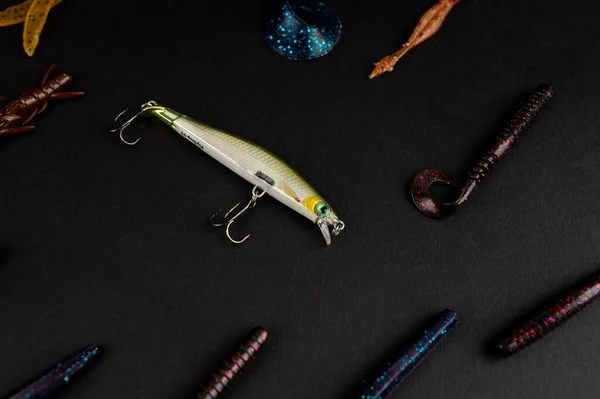 Bass Fishing Concept Lure Baits Flat Lay Style Fishing Tackle — Stock Photo, Image