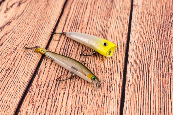 Basfiskekoncept Med Lockbete Platt Liggstil Fiske Redskap Lockar Kopiera Utrymme Stockbild