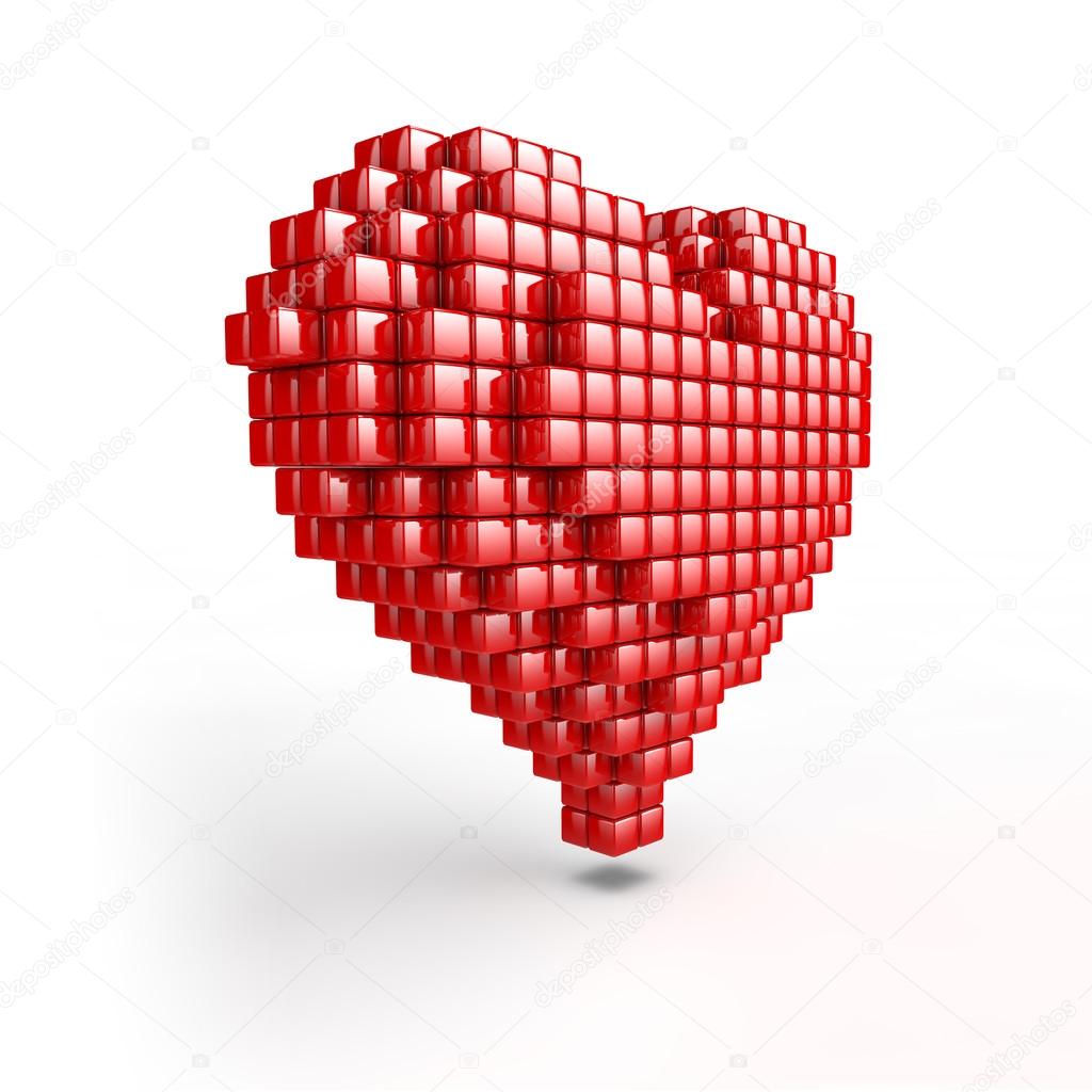Concept of red heart made from cubes on a white background isolated with pixel voxel effect
