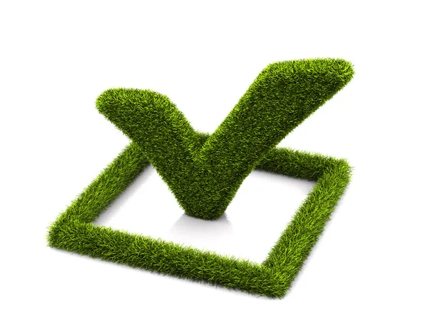 Green grassed check mark symbol in the square on white background — Stock Photo, Image