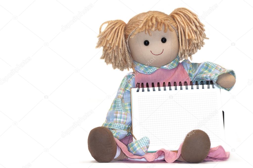 rag-doll with blank paper sheet in cage on white background