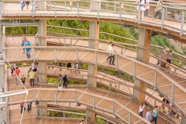 Footpaths on a Baumwipfelpfad, tower in Mettlach. High tower for walking, a tourist attraction in Germany