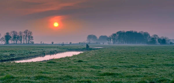 Sunrise Low Hanging Fog Dutch Polder Landscape Panorama Landscape View — Stock Fotó