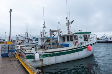 Cap-aux-Meules, Quebec, Kanada - 30 Ağustos 2020: Magdalen Adalarındaki Cap-aux-Meules limanında balıkçı tekneleri (Iles-de-la-Madeleine).