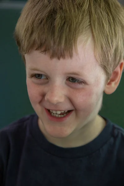 Dişlerini gösteren dört yaşında gülümseyen bir çocuk.