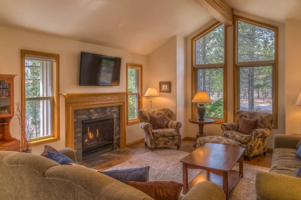 Şömineli ve pencereli oturma odası.