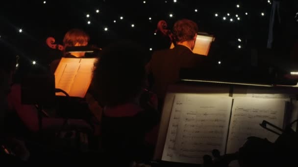 Seção de Cordas Família de uma Orquestra Realizando Luzes de Música Desligadas Livros de Música Iluminados por Lanternas Concerto 2015 Maestro Nikolai Lysenko — Vídeo de Stock