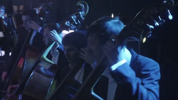 I più grandi successi della Rock Symphony Sezione Contrabbasso di un'Orchestra Musicisti stanno suonando strumenti ad arco con il direttore d'orchestra d'archi Nikolai Lysenko — Video Stock