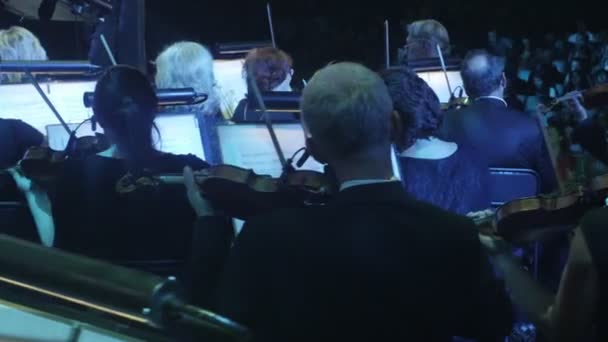La familia del violín en una orquesta toca el violín con un arco tocando música del mundo Hits by Rock Ukrainian Tour Concert Director Nikolai Lysenko — Vídeo de stock