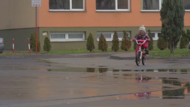 Kid sidder på en cykel og hjul mod kamera lille pige rider en tohjulet cykel af en gård græsplæne Evergreen træer våd vej pytter på en asfalt – Stock-video