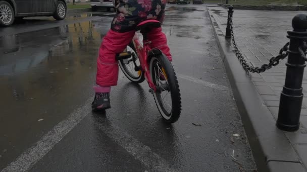 Criança se senta em uma bicicleta Pernas em calças cor de rosa Close up Puddles Wet Road A menina está montando uma bicicleta Bicicleta de duas rodas por uma rua da cidade Gatos estacionados — Vídeo de Stock