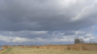 Backpacker kuru alan Thunderclouds çoğu üzerine en alan kuru ot Wheet takip ediyor sonbahar sonbahar adamı kırmızı sportif ceket güneş arkasında bir bulut tarafından yürüyüş olduğunu