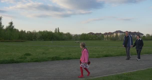 Ragazza con una borsa sulla spalla che cammina faticosamente sul sentiero, inciampando e trattenendo le lacrime — Video Stock