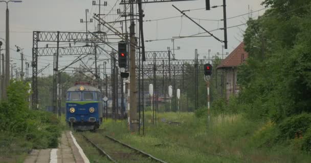 Vorderseite blaue elektrische Lokomotive fährt vorbei — Stockvideo