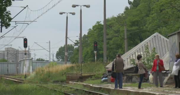 Mensen wachten voor een elektrische trein midden afstand zijaanzicht — Stockvideo