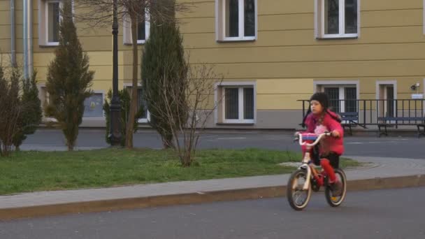 Kid Girl is Riding a Bicycle Along a Trotuar City Street in the Evening Assphalted Road Kid is Learning to Ride a Bike Evergreen Trees Grow on a Green Lawn — Vídeo de Stock